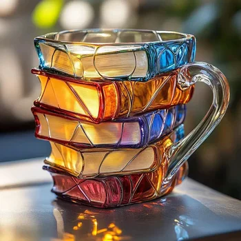 Tazze da caffè con libro dipinto in 3D Libro colorato creativo Tazze da caffè in vetro o resina impilate Tazza Tazza d'acqua Regali perfetti 1