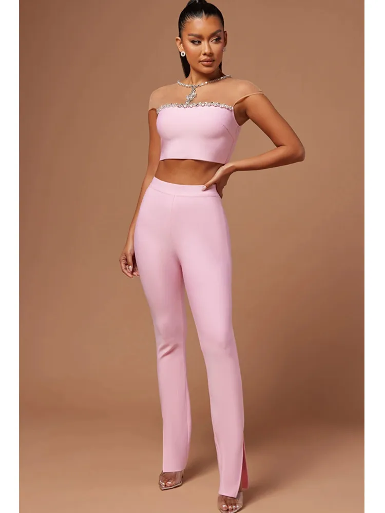 Women Luxury Sexy Mesh Crystal Beading Pink Two Piece Pants