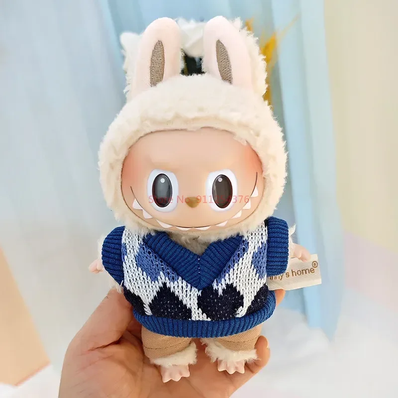 Ropa para muñecas Labubu de 17 cm con colgante de macarrón con latidos del corazón, camiseta con botones, pantalones con tirantes, ropa de repuesto, regalo para niños