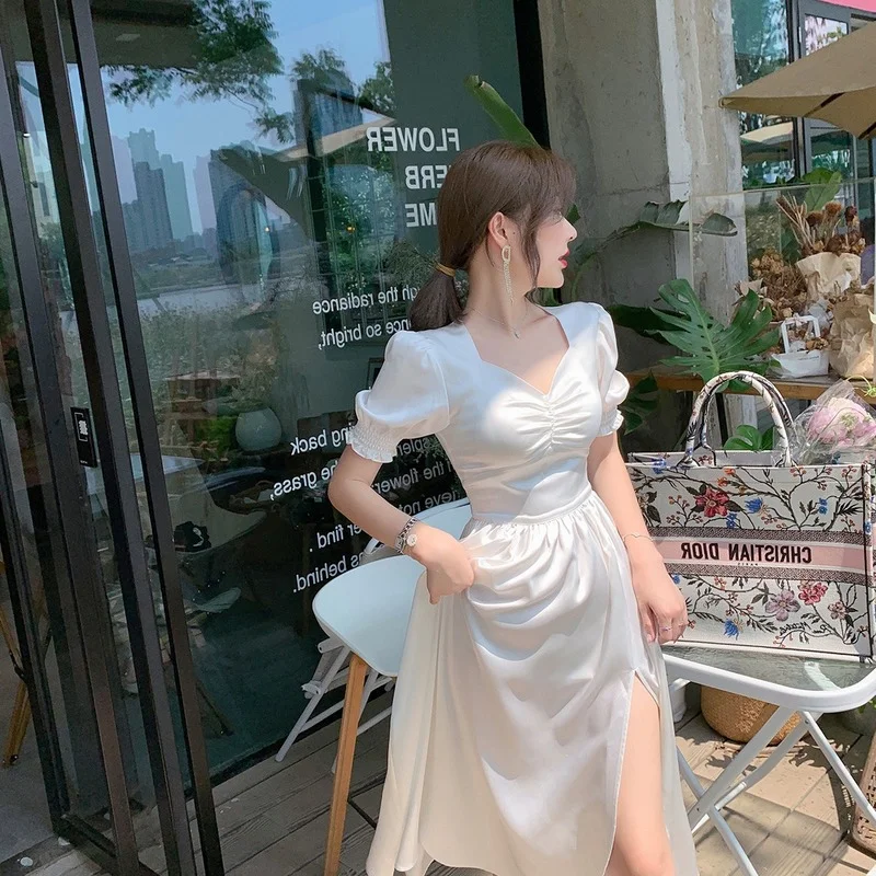 

New Fairy Satin V-neck Side Slit Elegant Sweet Long Cottagecore Dresses Women Summer Sexy White Puff Sleeve Slim White Dress