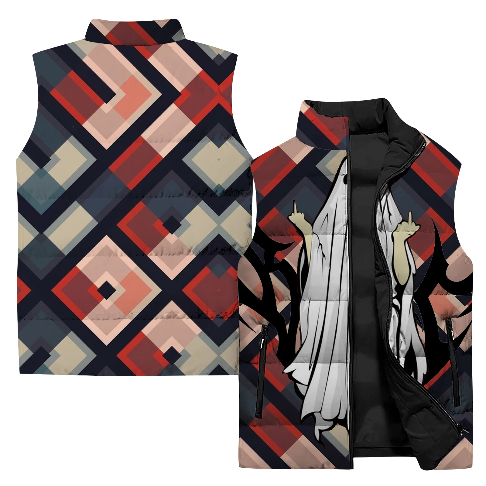 thumbnail image 1 of Chaleco holgado y cálido, chalecos de invierno para hombre, chaleco gótico con estampado de máscara de fantasma y monstruo, chaquetas para hombre, ropa de calle Harajuku, 1 of 5