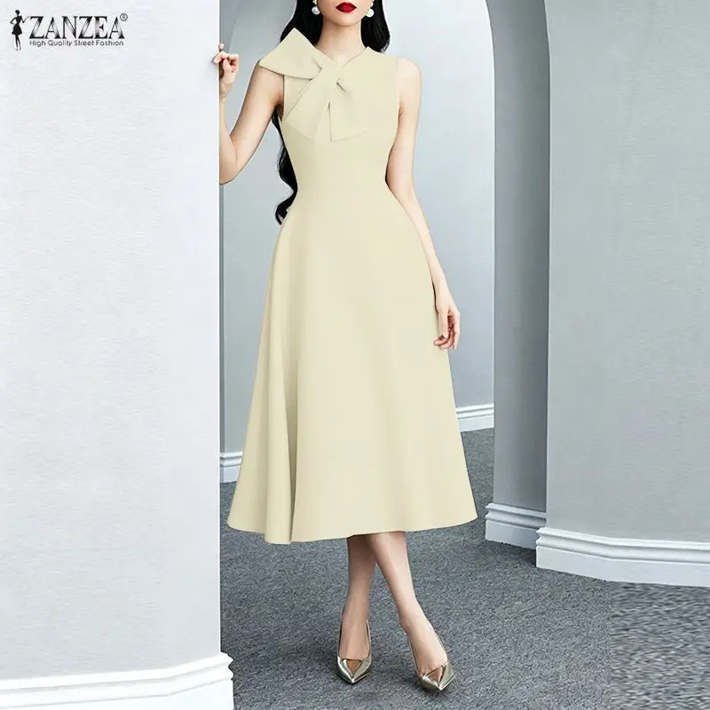 2026 Summer Sleeveless Bows Party Dress ZANZEA Elegant Women OL Work Midi Dresses Stylish Solid A Line Holiday Sundress Vestido 2