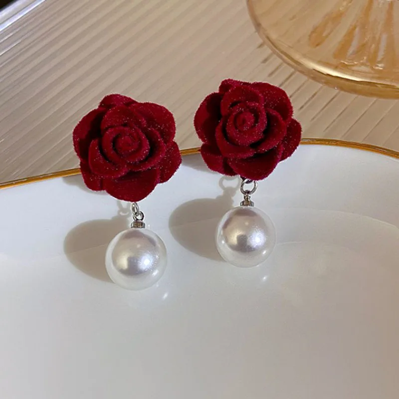 Rose Flower Pearl Stud Earring for Women Red Cute Vintage Imitation Pearl  Zircon Autumn Winter Earrings Party Wedding Jewelry