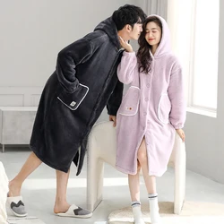 Couple Hooded Winter Sleepwear Thicken Flannel Warm Plush Shower Robe Japanese Style Solid Men's Bathrobe Soft Women Night Gown