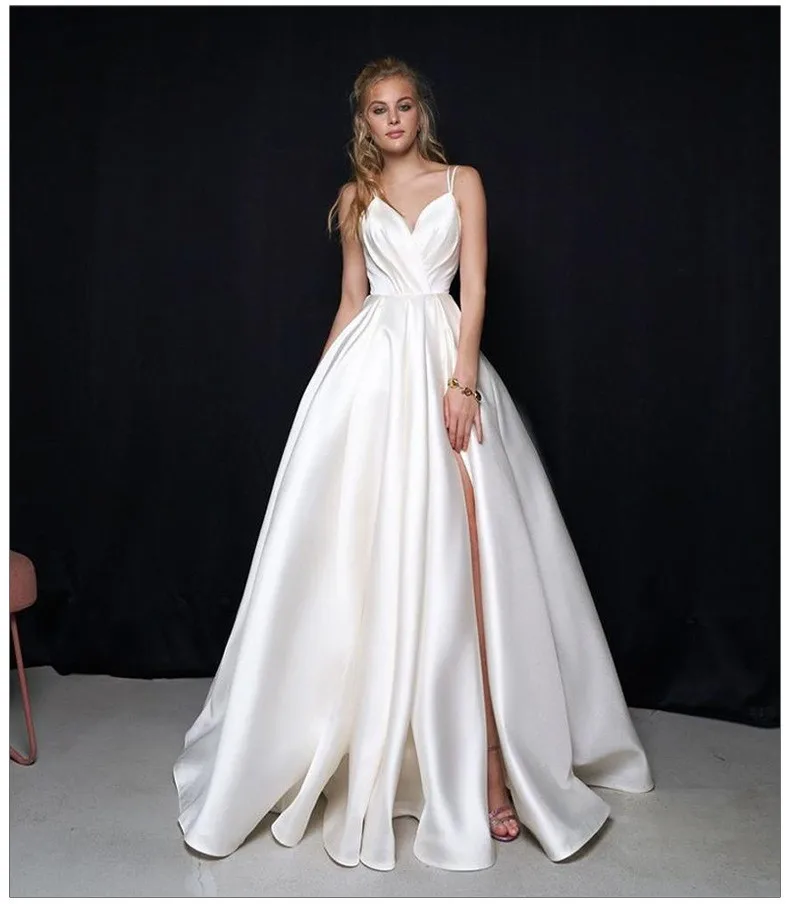 

Женское атласное свадебное платье POMUSE, белое платье до пола без рукавов с V-образным вырезом, индивидуальный пошив