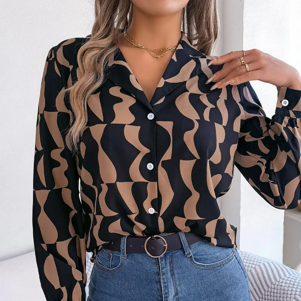 

Women Shirt Lapel Color Matching Long Sleeve Single-breasted Soft OL Commute Style Buttons Loose Lady Casual Blouse