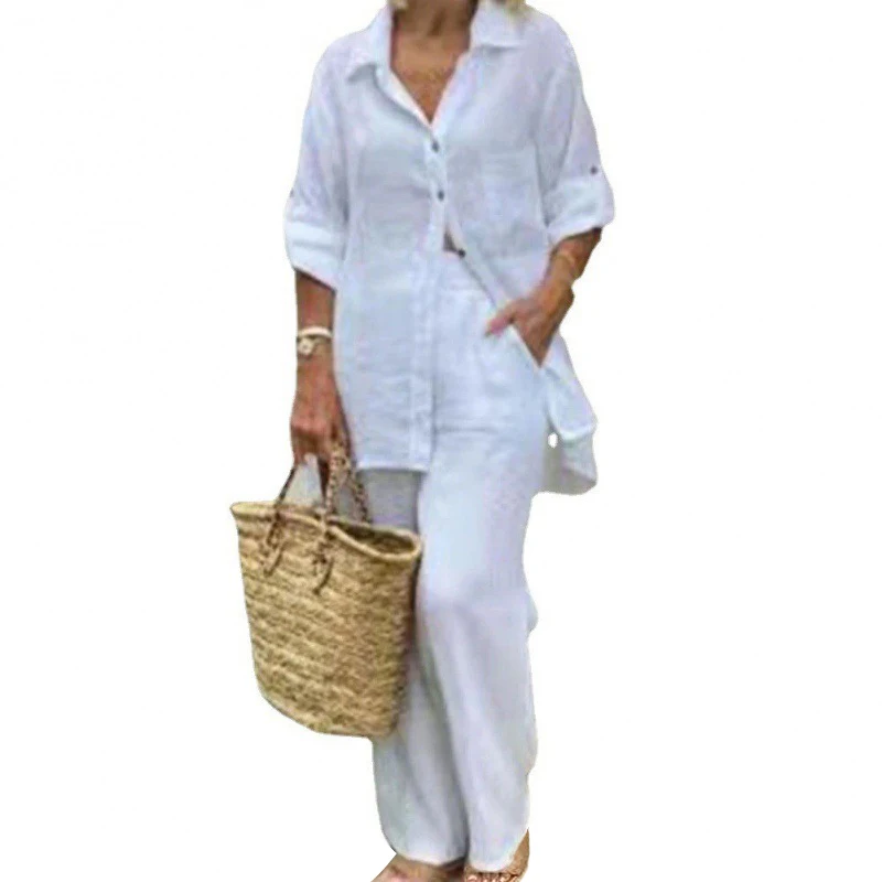 New Cotton Linen Suit Women's Tracksuit Oversize Shirt Loose Pants Set Female Trendy Daily Casual Fashion Ladies 2 Piece Sets