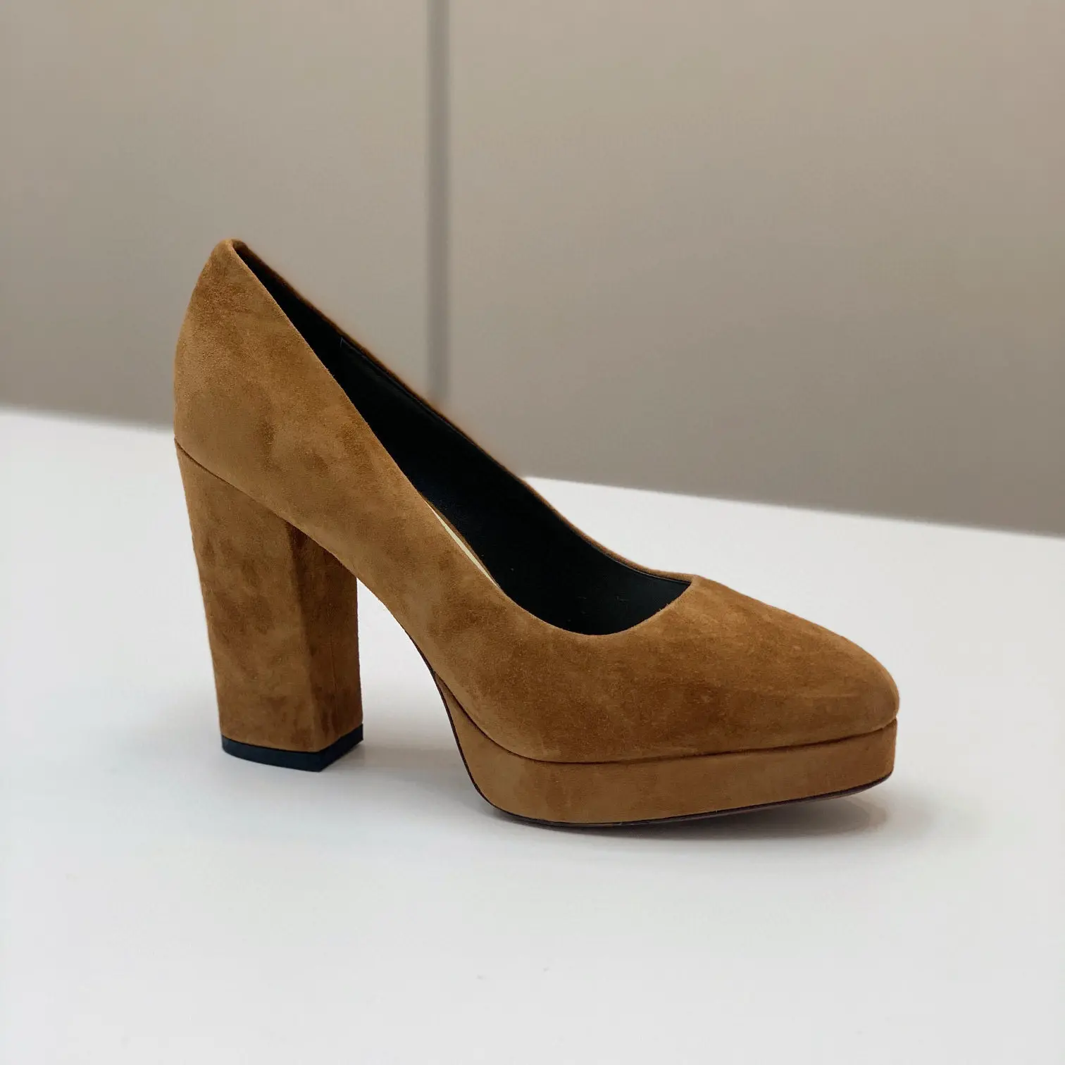 

Casual Designer Fashion Women Shoes Office Lady Black Suede Leather Round Toe Platform Chunky Heeled High Heels Shoes Pumps