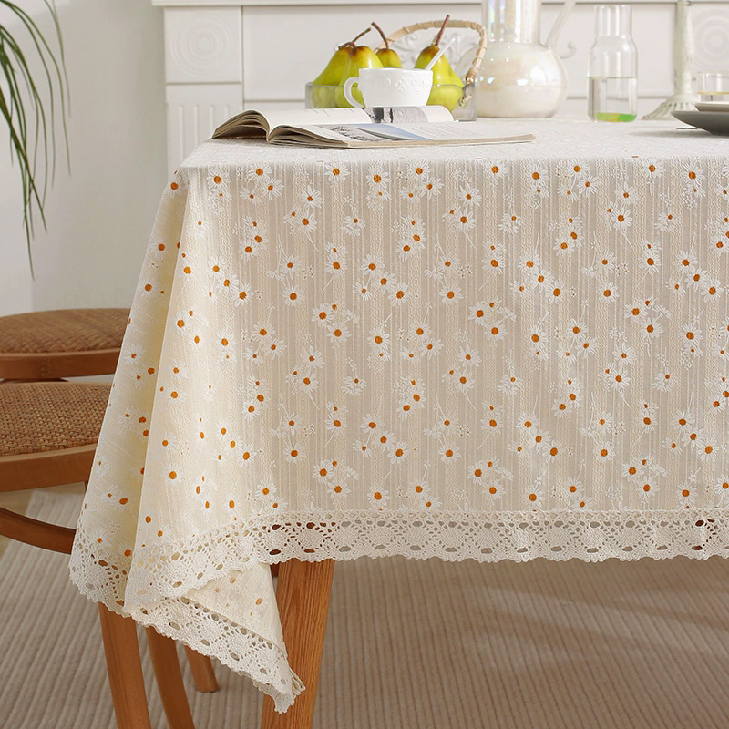 Beige Daisy Lace Tassels Cotton Tablecloth Rectangle Table Cover for Tea Table Decorations Kitchen Living Room Wedding Party Use