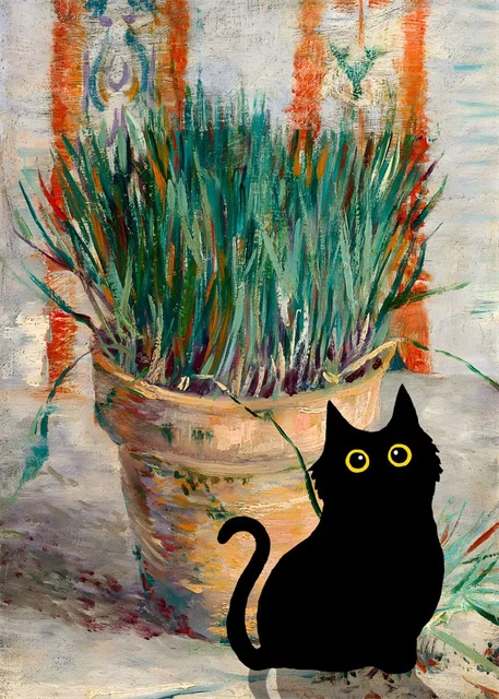 Van Gogh & Monet Inspired Cat Canvas: Starry Night and Sunflowers Wall Art