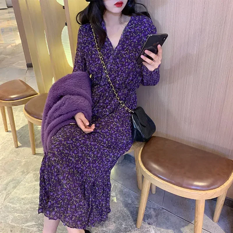 

Purple Printed Fishtail Dress Women's Spring and Autumn V-neck Chiffon Maxi Dress Woman Dress Vestido De Mujer Femme Robe