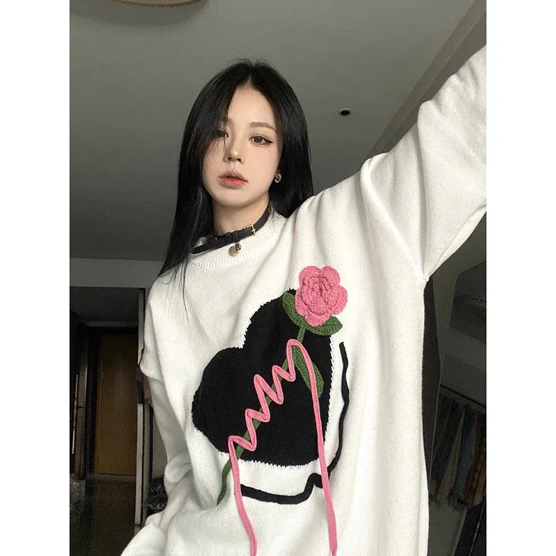 2023 Men Love Rose Embroidery Sweater Y2K Harajuku Retro Hip Hop Knitted Sweater Vintage Pullover Casual Wool Sweater Hipster