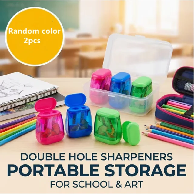 2pcs Double-hole pencil sharpener set with storage box, manual pencil sharpener, suitable for school classrooms and art supplies 1