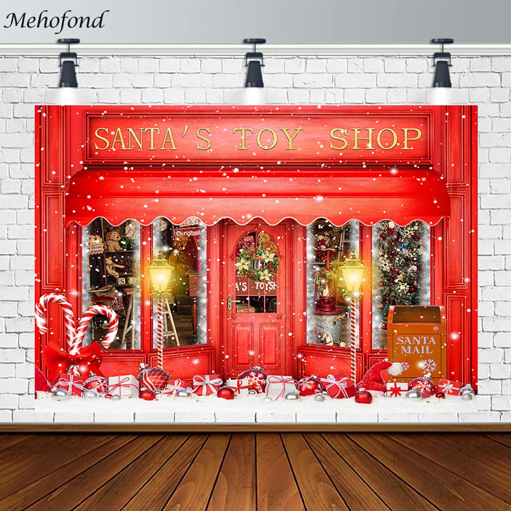 

Mehofond Backdrop Christmas Decoration Santa’s Toy Shop Candy Canes Gifts Kids Portrait Photography Background Photo Studio Prop