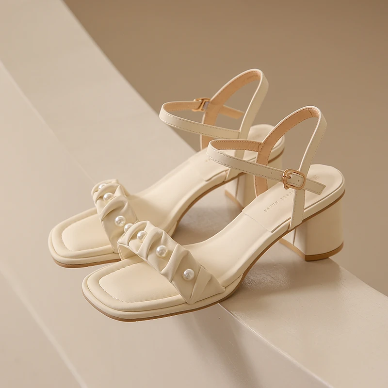 5cm Women Sandals Summer Square Toe Thick Med Heel Buckle Strap Ladies Pumps Fairy Fashion Gentle Leisure Solid Females Shoes