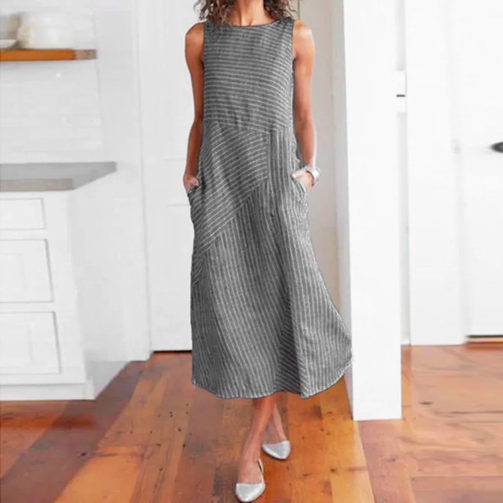 thumbnail image 1 of Vestidos midi suaves sin mangas con estampado de rayas de verano para mujer, vestidos de moda para mujer de lino sueltos con bolsillo hasta la mitad de la pantorrilla, cuello redondo, ropa informal de, 1 of 4