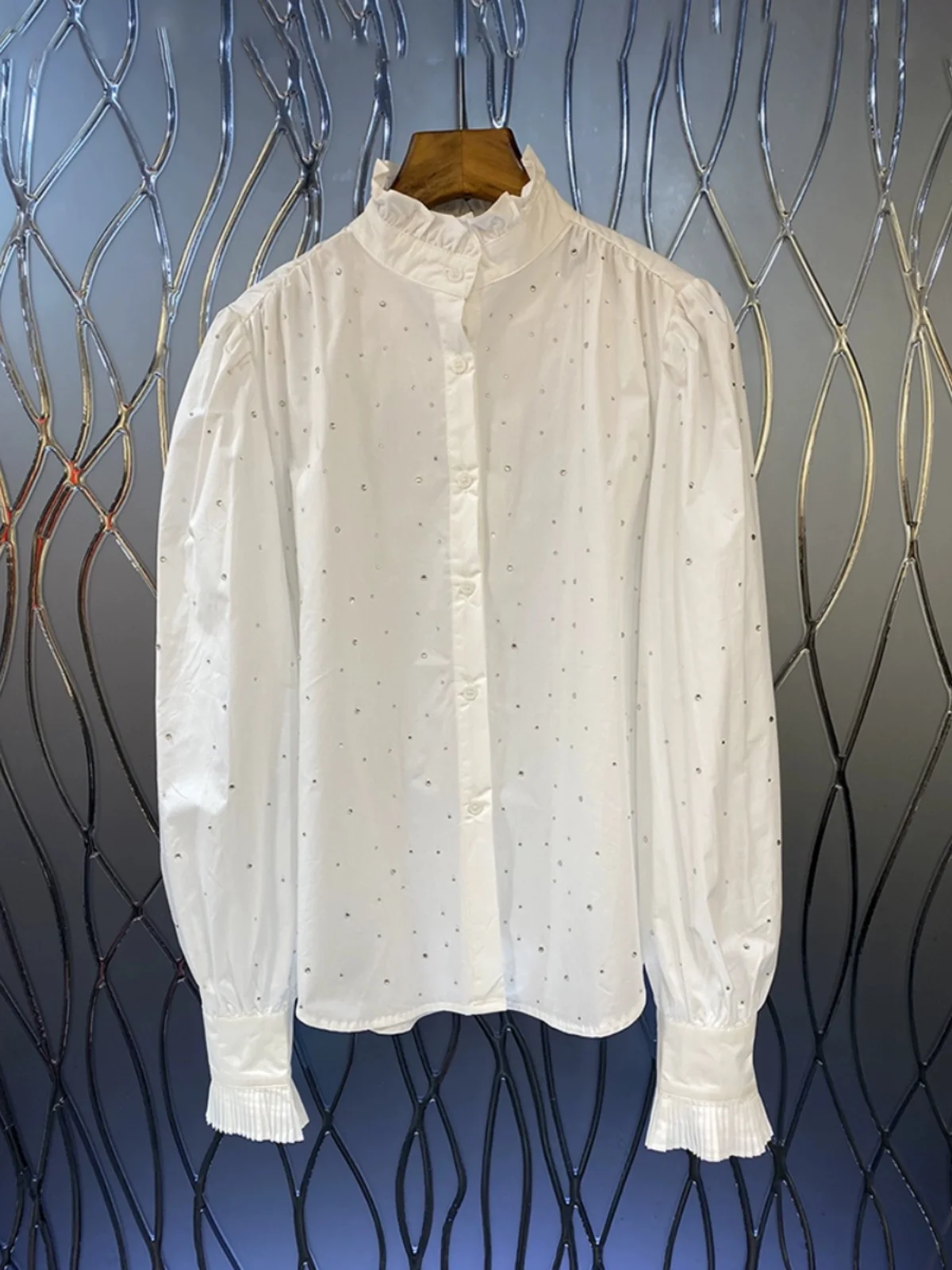 Heavy Embroidery Hot Drilling Stand Collar Ruffle Puff Sleeve Blouse Women 2024 Early Spring New Office Lady French Shirt