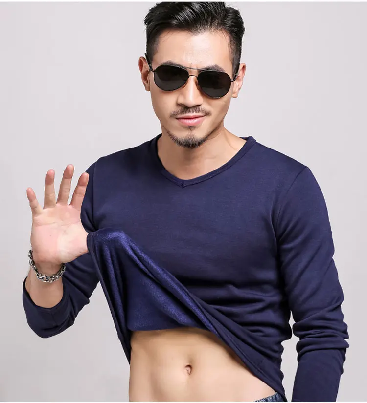 

2PCS Spring Autumn Mens Warm Thermal Man Long Sleeve Casual V Neck Velvet Thick Plus Thick T-Shirt For 100kg