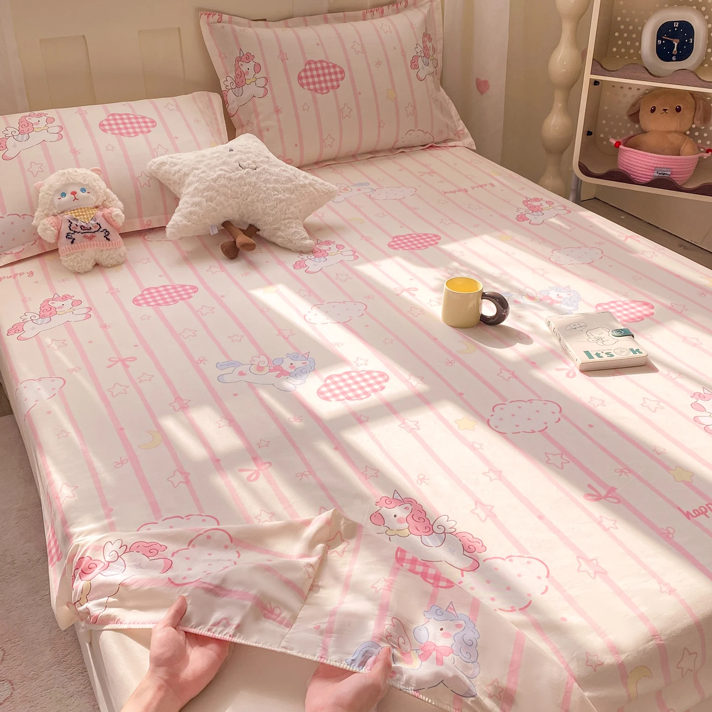 100% Cotton Fitted Sheet, Soft Breathable Cartoon Print Mattress Cover, 25cm Deep Pocket Wrinkle Resistant for 1/2 Person Size 3