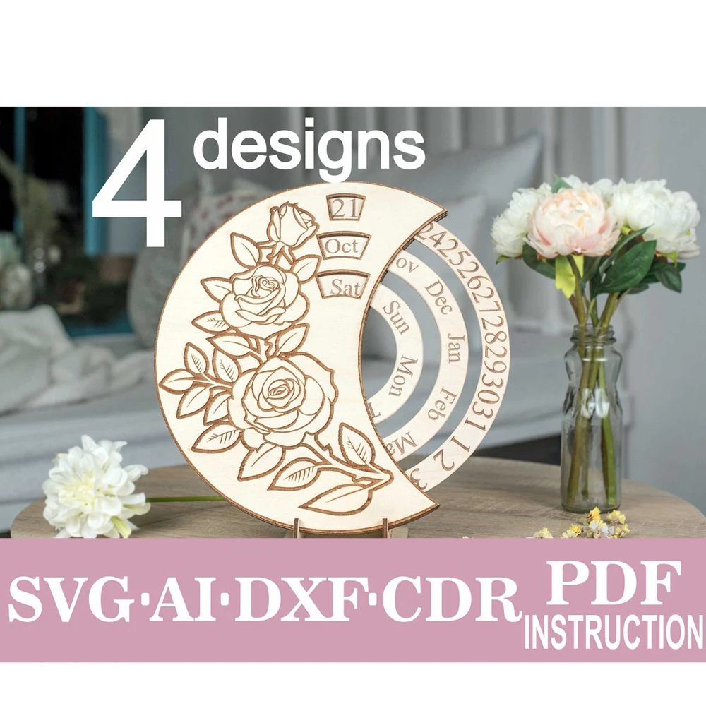 Вечный календарь Цветочный декор лазерная резка вектора CDR DXF AI сoг EPS файлы для