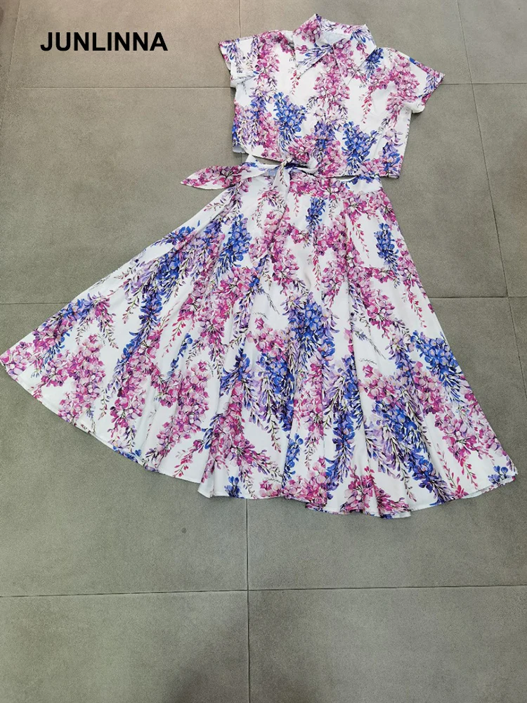 

JUNLINNA Runway Summer Sicilian Sets Women Purple Bow Short Top+High Waist Floral Printed Skirt Holiday 2 Pieces Dress