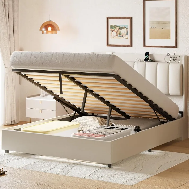 

Lift Up Storage Bed with Power Outlets, Full Size Bed Frame, Wooden Slat Support/No Box Spring Needed,White