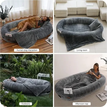 Giant Human Dog Bed With Blanket and Pillow Pet Accessories Adult Nap Bed Kennel Plush Beds Cats Cushion Supplies Products Home 6