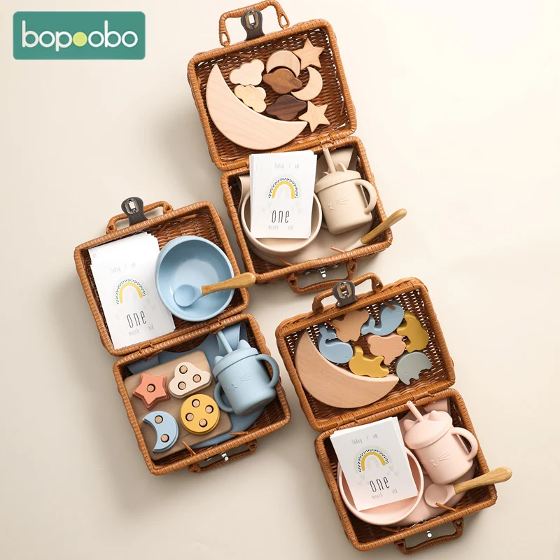 Bopoobo-Jouet empileur arc-en-ciel en silicone pour bébé, alimentation, britware, coffret cadeau, cadeau de naissance, boîte vintage