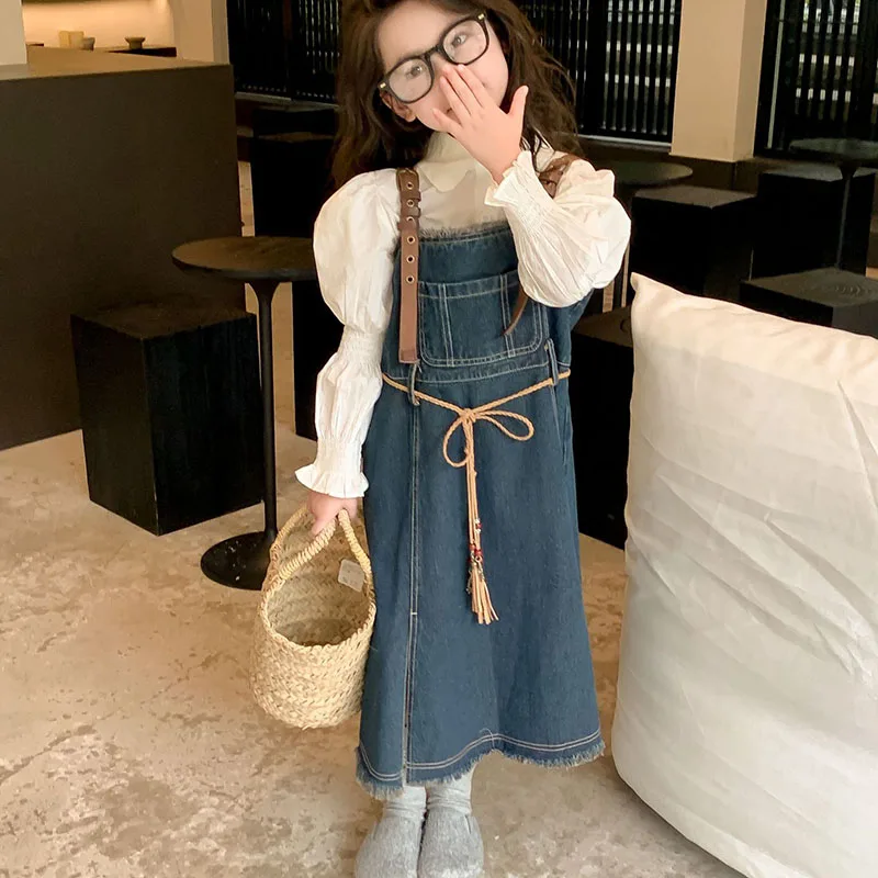 

Shirt strap denim skirt set for children's clothing 2023 autumn two-piece set 4-26