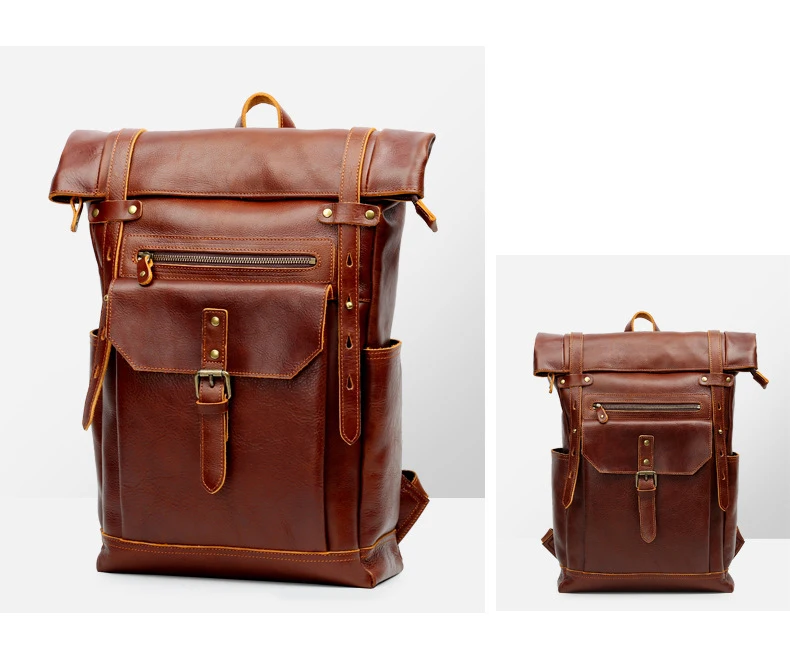 Leather Roll Top Backpack With Pockets