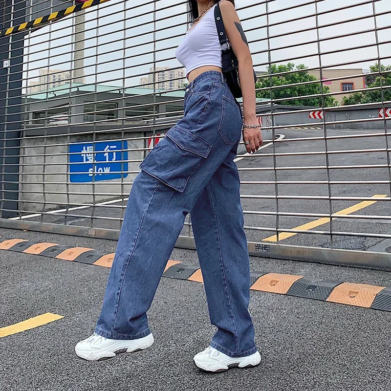 Retro Big Pocket Loose Straight Jeans Women Blue High Waist Casual Pants Spring Autumn Fashion Street Denim Pants Long Trousers