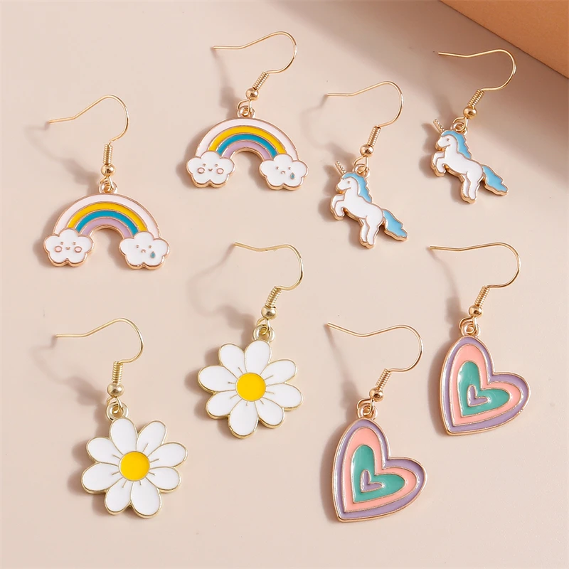 4 paare/satz Mode Regenbogen Blume Liebe Herz Tropfen Ohrringe für Frauen Mädchen Party Urlaub Schmuck Geschenke