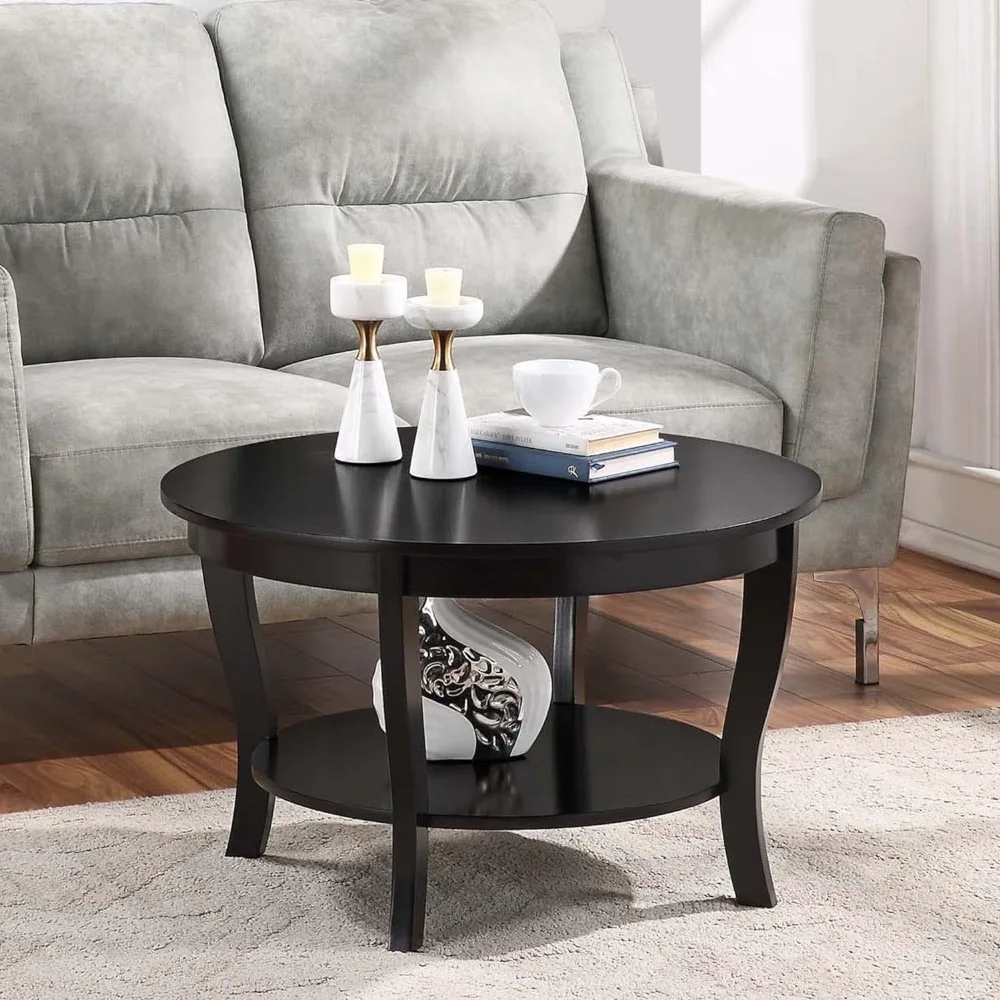 

Round coffee table with shelves and two spacious shelves, black, living room coffee table