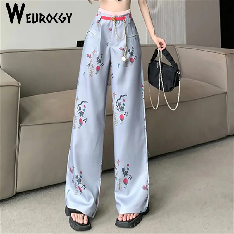 

Women Long Trouser 2023 Summer New Versatile Cartoon Floral Printed High Waist Loose Side Leg New Fashion Pants Streetwear