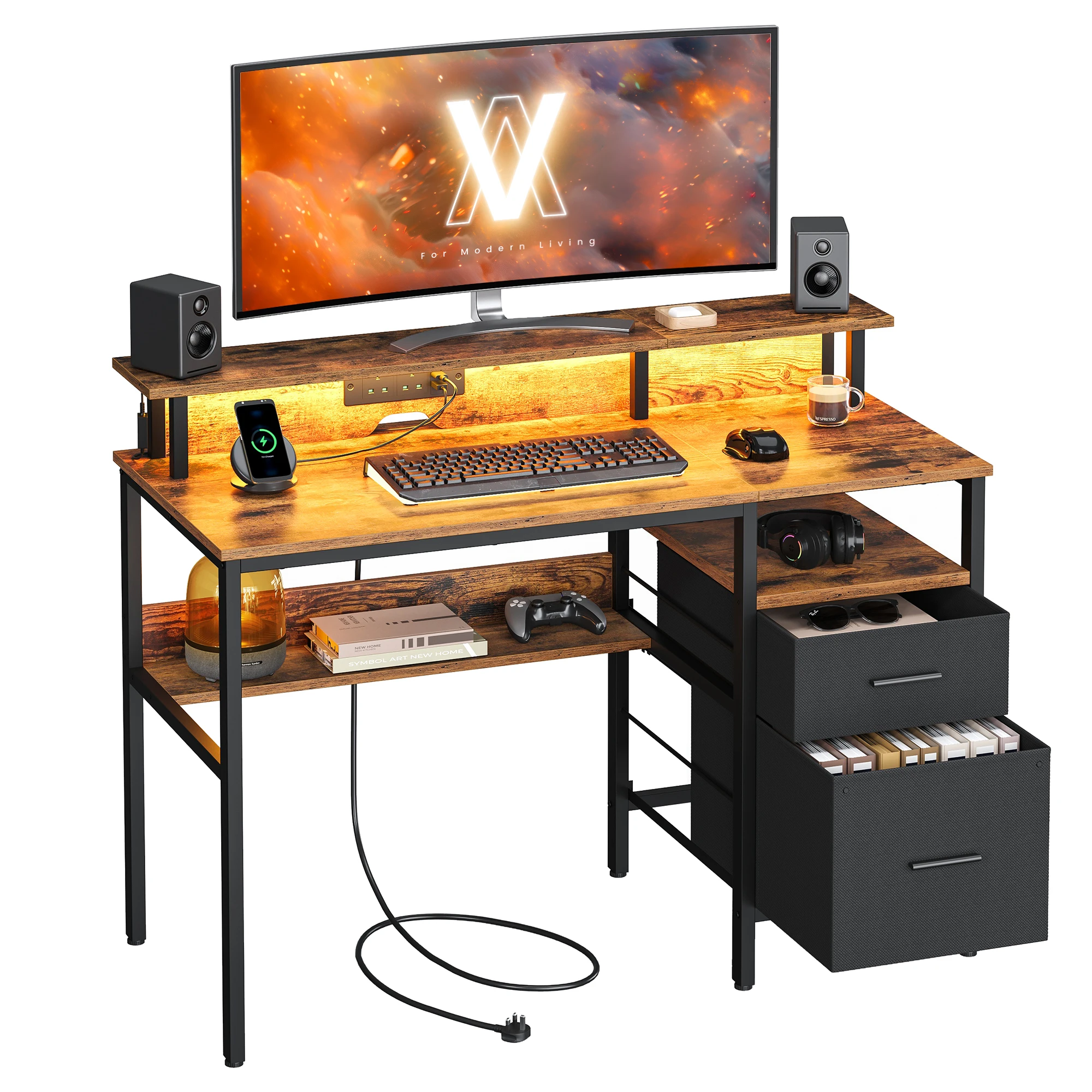 VASAGLE Schreibtisch mit Schubladen, Computertisch mit Monitorständer, LED-Beleuchtung, 55 x 120x 90 cm, eingebaute Steckdosen