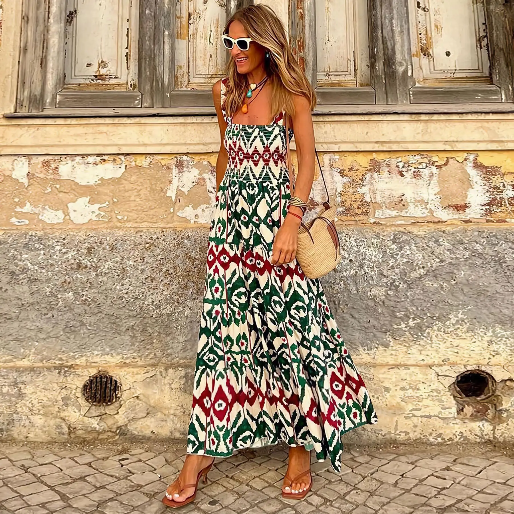 

Women's Elegant Printed Elastic Strap Dress 2024 Summer New Holiday Style French Fragmented Flower Hanging Strap Long Dresses