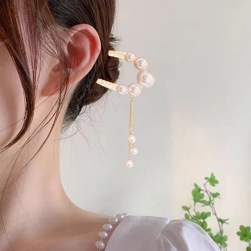 Fashion U-shaped Metal Hair Clip With Pearl Pendant For Women Elegant Hairpin Head Hair Clasp Jewelry Accessory Bridal Headdress