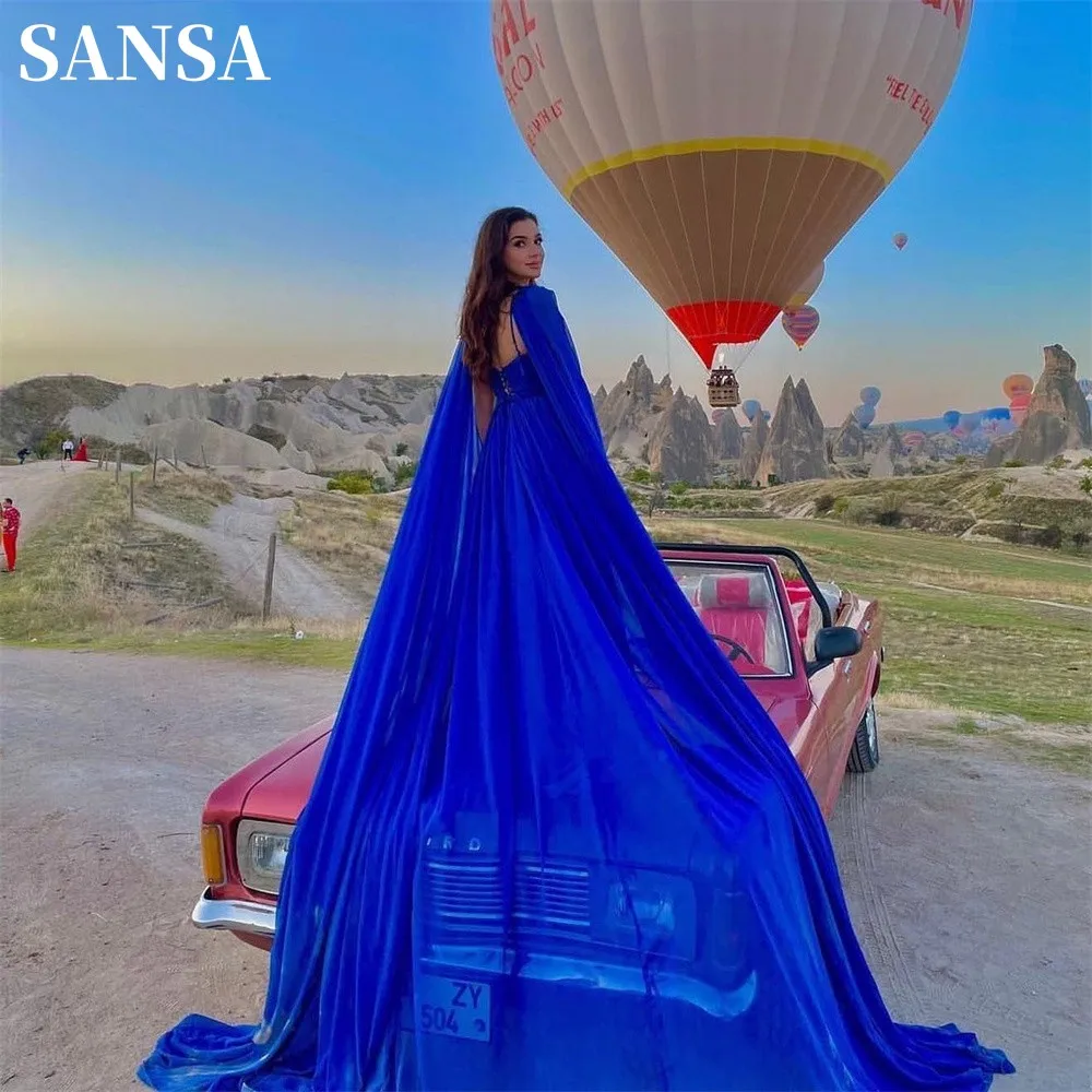 

Sansa Sapphire Blue Flying Prom Dress Cape Sleeve Vestidos De Noche Square Neck Chiffon Long Sweep Train فساتين سهره فاخره 2023