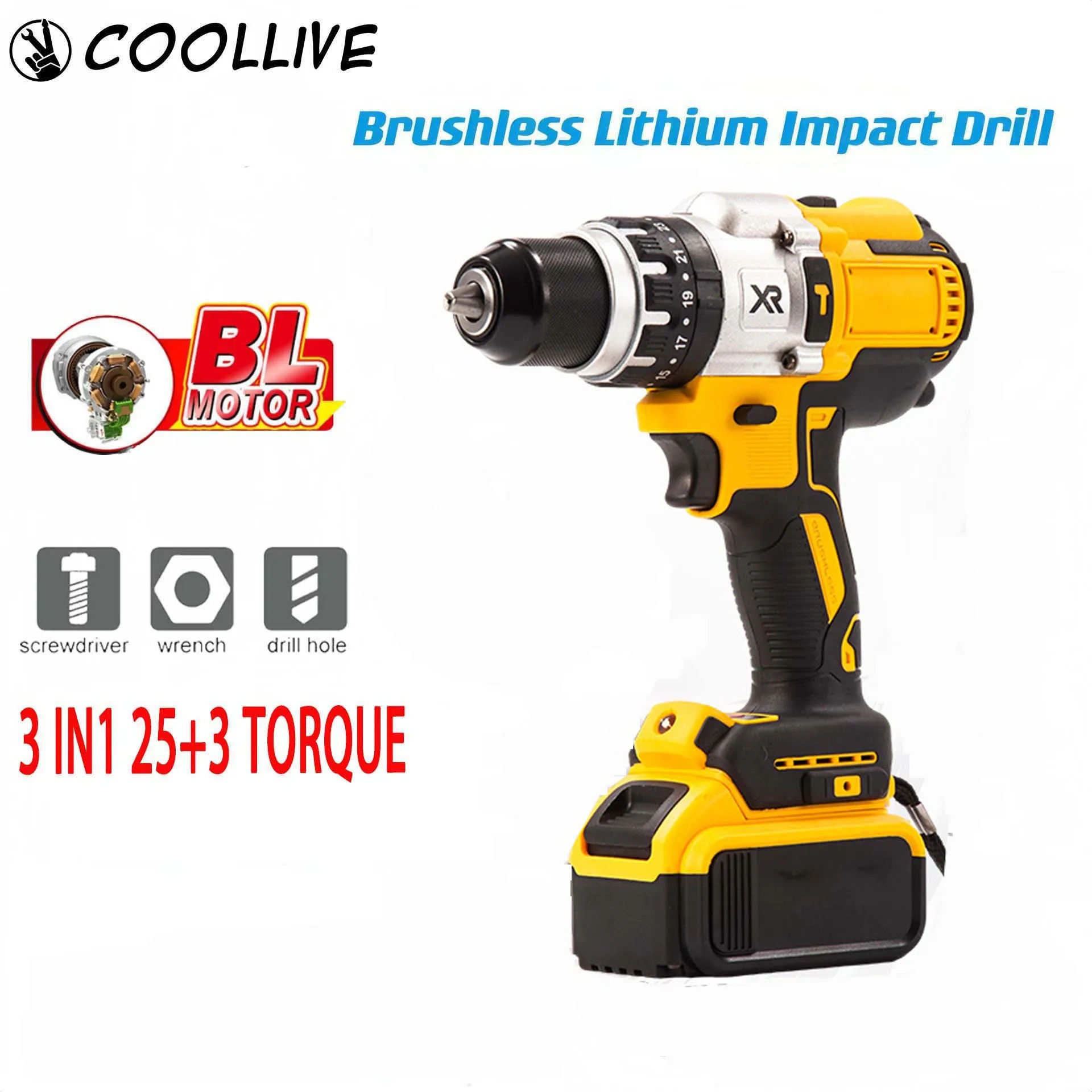 21V Electric Drill Brushless Cordless Impact Hammer Drill Screwdriver 25+3 Torque 13MM Chuck Power Tools