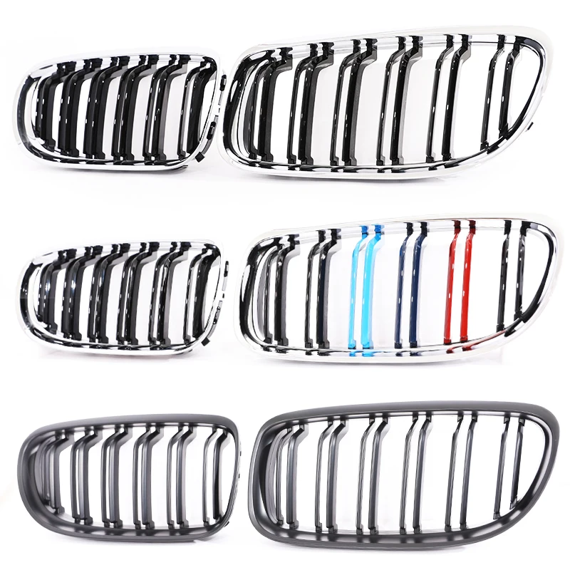 Carbon Fiber Print Grille Kidney Grill - Gloss Black & Chrome Silver Double Slat with M Color Accent