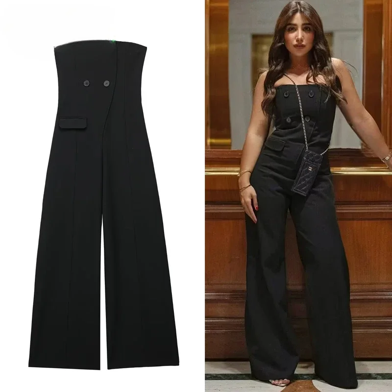 

2024 Black Wide Leg Jumpsuit For Women Off Shoulder Long Jumpsuits Woman Backless Sleeveless Elegant Womens Overalls