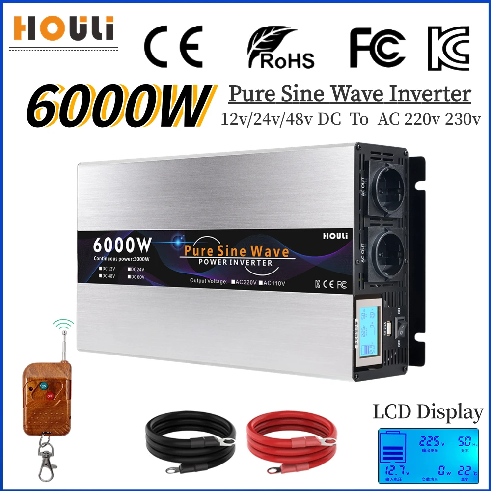 

Inverter 12V 24V 48V to AC 220V Pure Sine Wave Inverter 4000W 5000W 6000W Voltage Converter With Remote Display Car Transformer