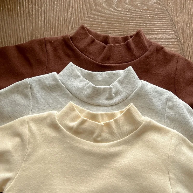 Casual Newborn Baby T-shirt 0-3Years Infant Kids Boy Girl Solid Color Long Sleeve Mock Neck Cotton Tee Undershirt Spring Clothes