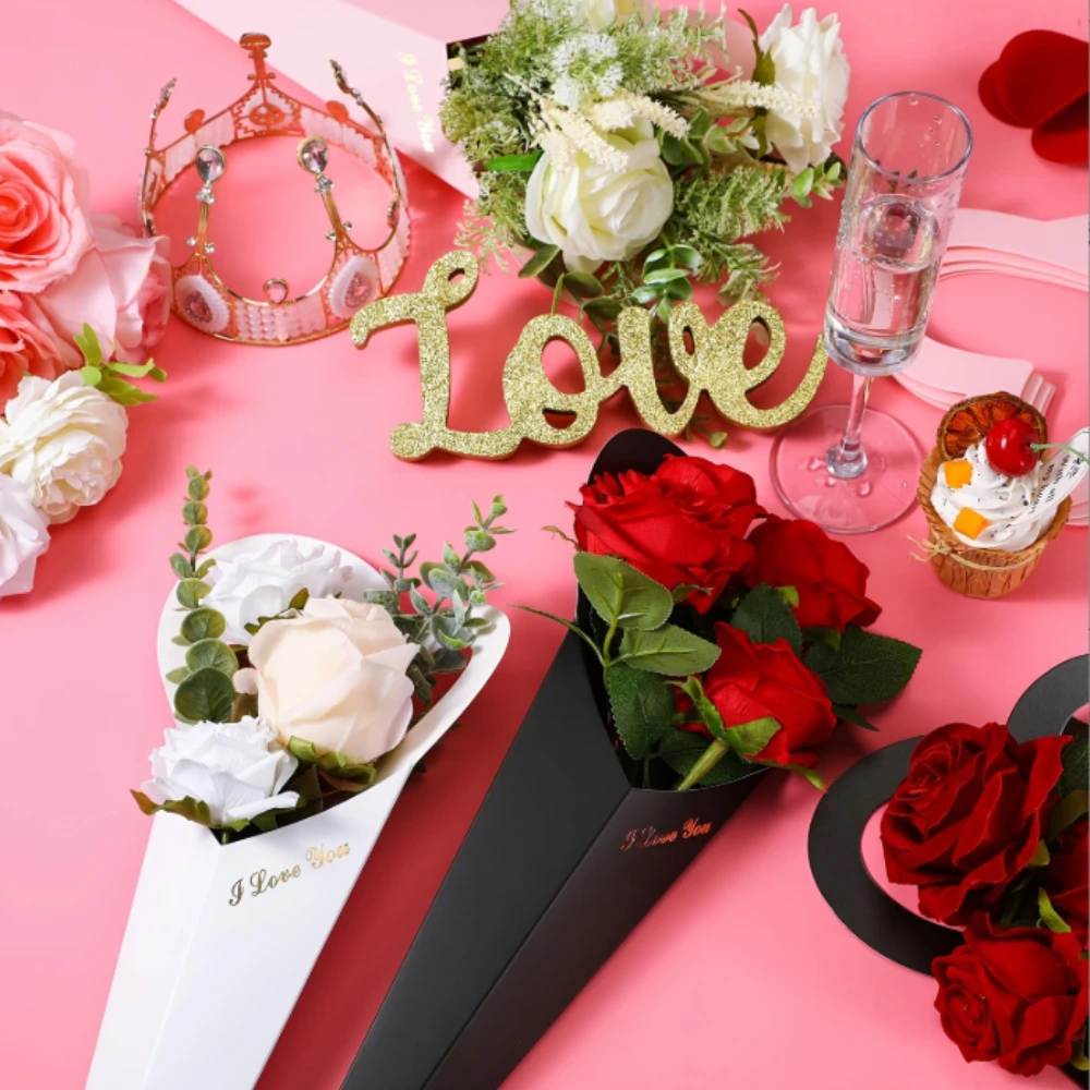 حقيبة باقة 12/24/36 قطعة، مناسبة لتغليف الأزهار، وديكور الهدايا، وحقيبة باقة على شكل قلب لهدايا عيد الحب.