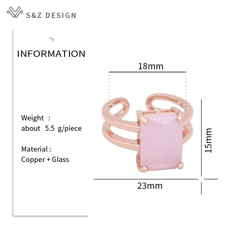 S&Z DESIGN New Stylish Rectangle Crystal Adjustable Rings For Women Wedding Party 585 Rose Gold Color Simple Jewelry Gift