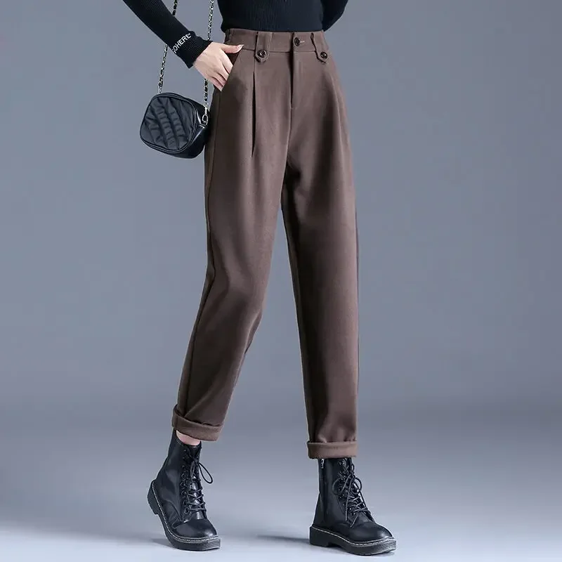 Pantaloni Haren a tubo dritto allentato sottile a vita alta tinta unita da donna autunno e inverno Pantaloni da donna da ufficio alla moda e casual 2