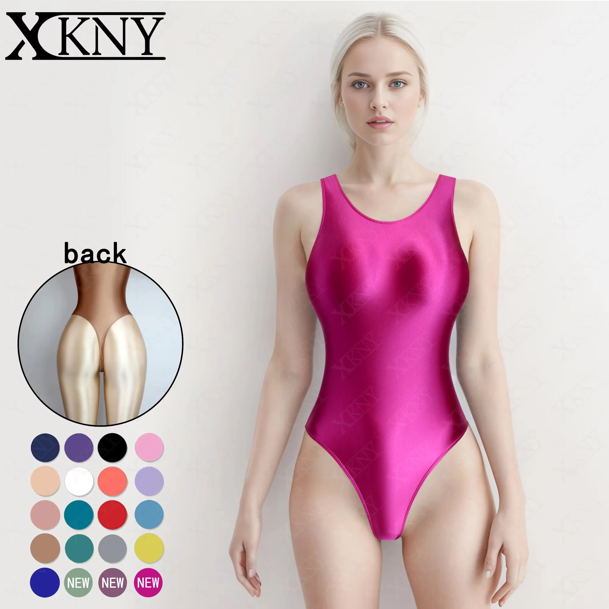 XCKNY Satin Glossy Leotards One Piece swimsuit Sexy High-Cut Bikini Thong Bodysuit