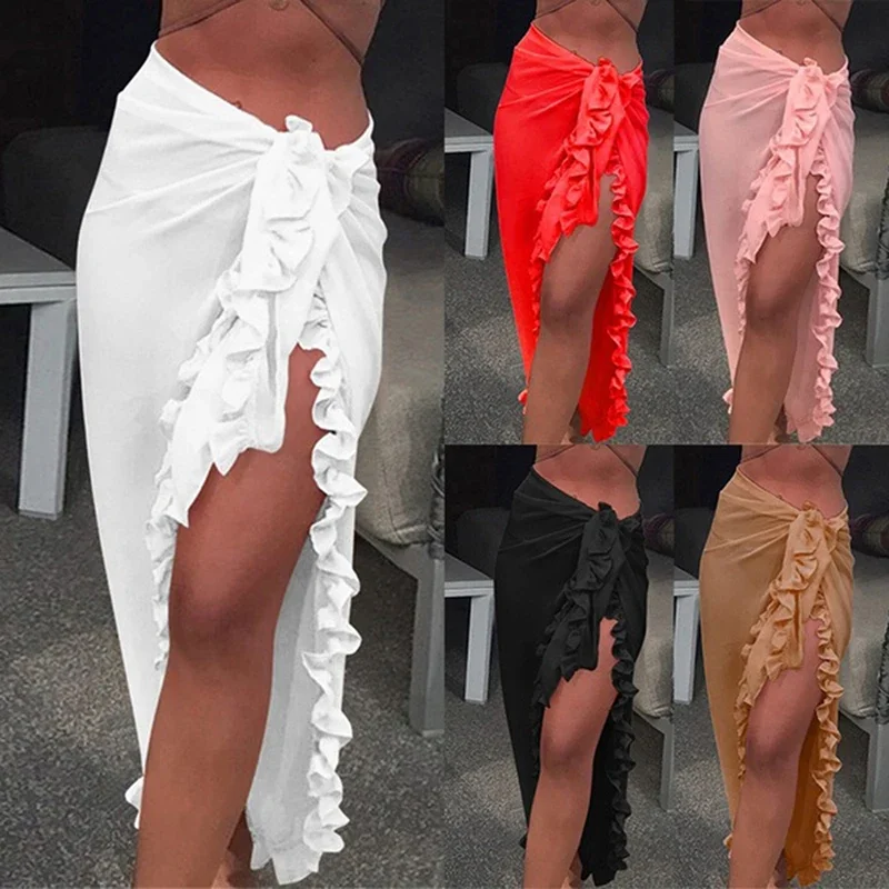Donne Chiffon See-Through Beach Bikini Cover Up Wrap Sciarpa Costumi Da Bagno Pareo Sarong Dress Solid Ruffle Casual Beach Dress