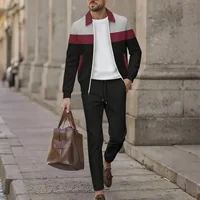 Ensemble sportif tricoté à carreaux et color-block pour homme, veste zippée et pantalon à lacets, un ensemble streetwear décontracté pour le quotidien. 2