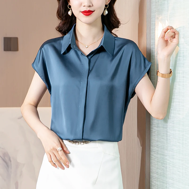 Vintage Blouse Women 2023 New Summer Satin Shirt Silk Elegant Womens Tops  Short Sleeve Blouses and Shirts Fashion Women Clothing